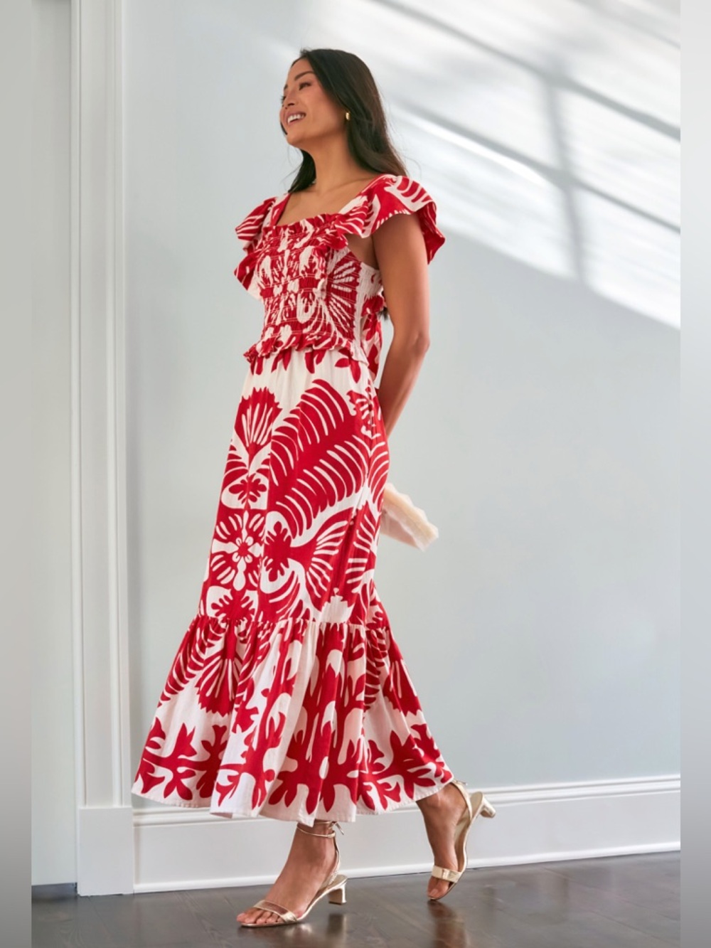 SEA NEW YORK Ruby Red Henrietta Hawaiian Print Smocked Linen Maxi Dress,